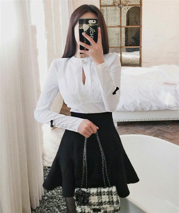 Fashion Korea Bead Collar Blouse with Fishtail A-line Skirt 2