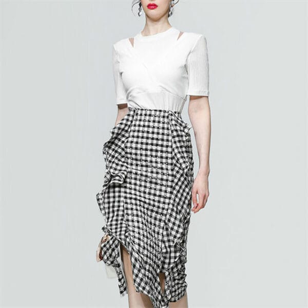 Fashion Korea Cotton T-shirt with Plaids Flouncing Skirt 3