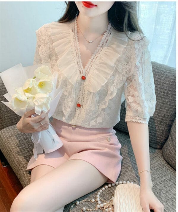 Fashion Korea Flouncing V-neck Puff Sleeve Lace Blouse 5