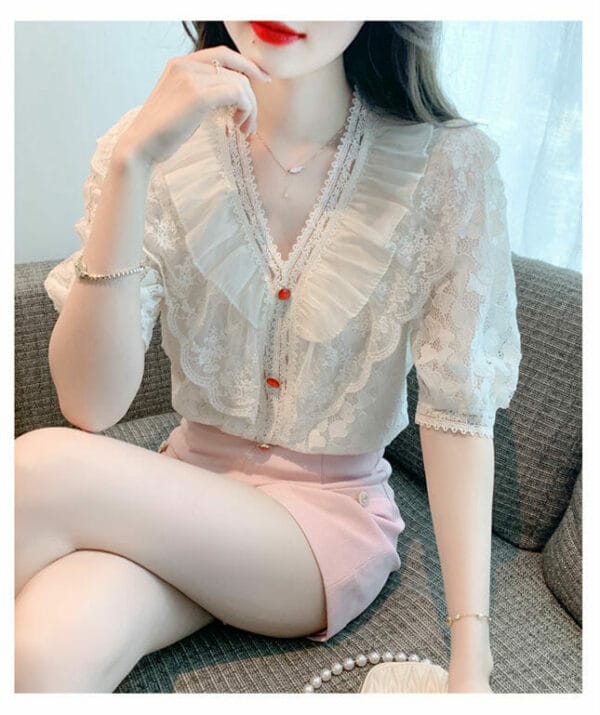 Fashion Korea Flouncing V-neck Puff Sleeve Lace Blouse 4