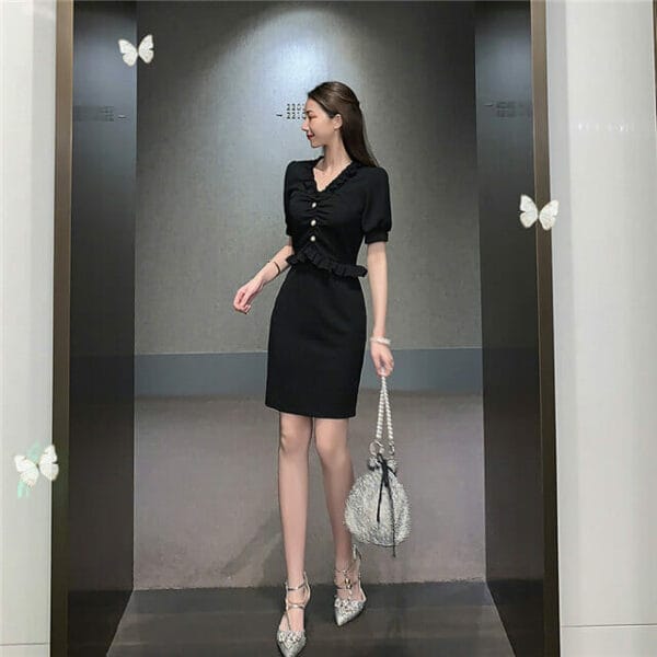 Fashion Korea Flouncing V-neck Slim Short Sleeve Dress 4