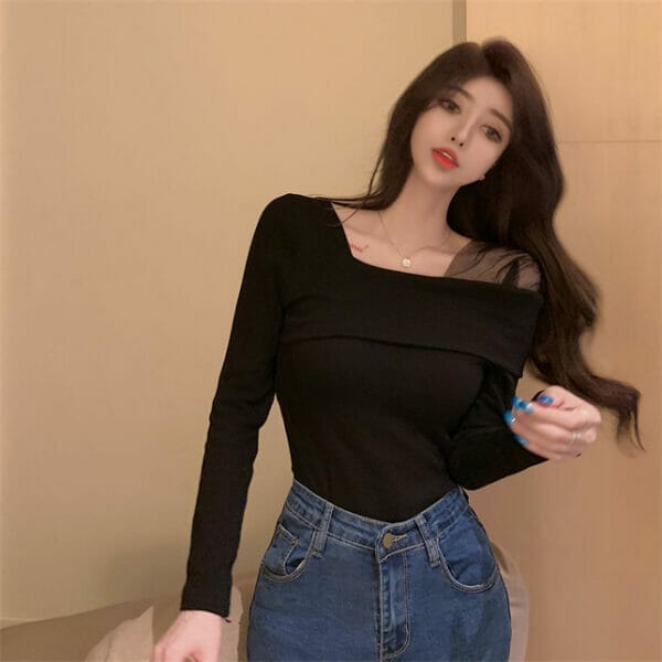 Fashion Korea Gauze Off Shoulder Slim Knitting T-shirt 3
