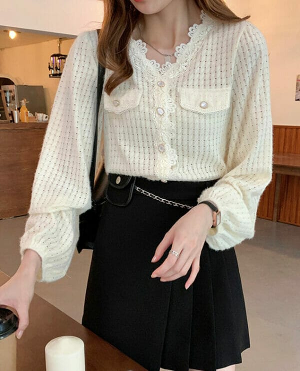 Fashion Korea Lace Flowers V-neck Puff Sleeve Blouse 3