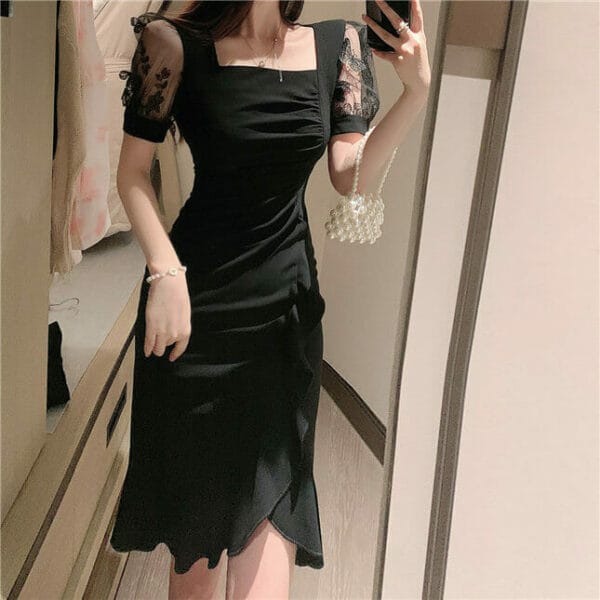 Fashion Korea Lace Sleeve Square Collar Fishtail Dress 4