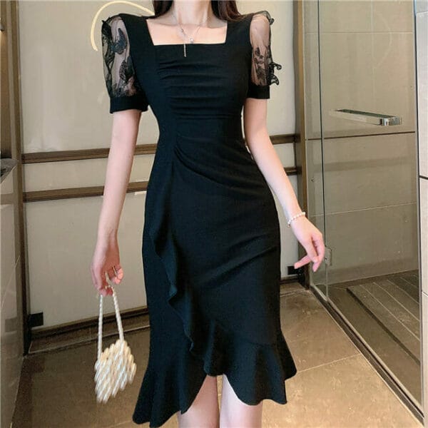 Fashion Korea Lace Sleeve Square Collar Fishtail Dress 3