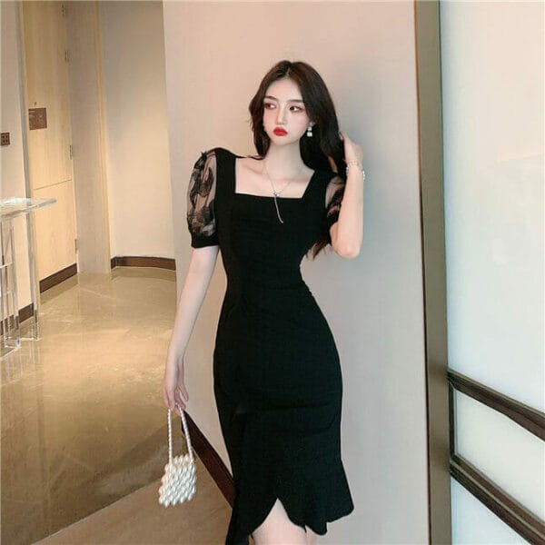 Fashion Korea Lace Sleeve Square Collar Fishtail Dress 2