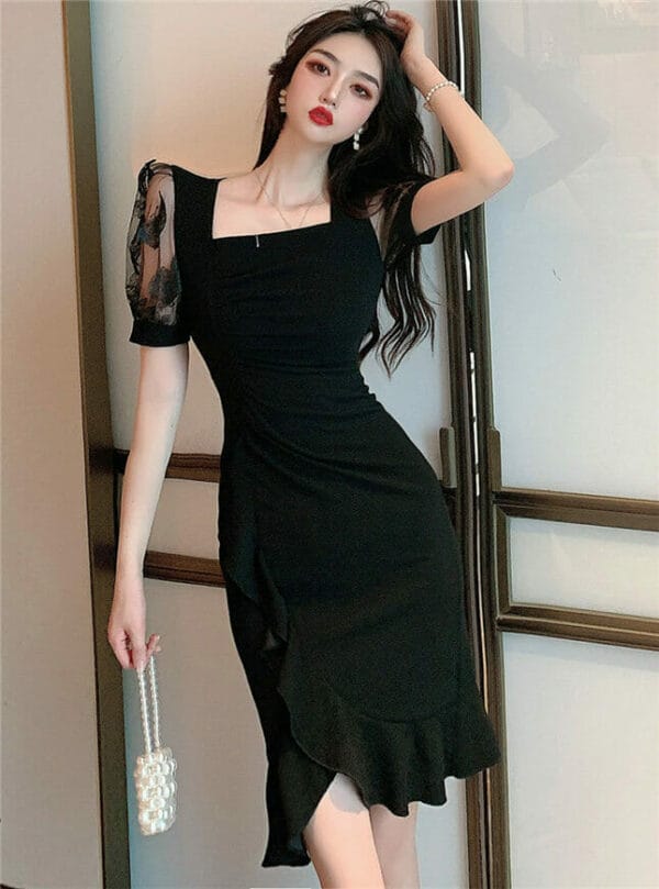 Fashion Korea Lace Sleeve Square Collar Fishtail Dress 1