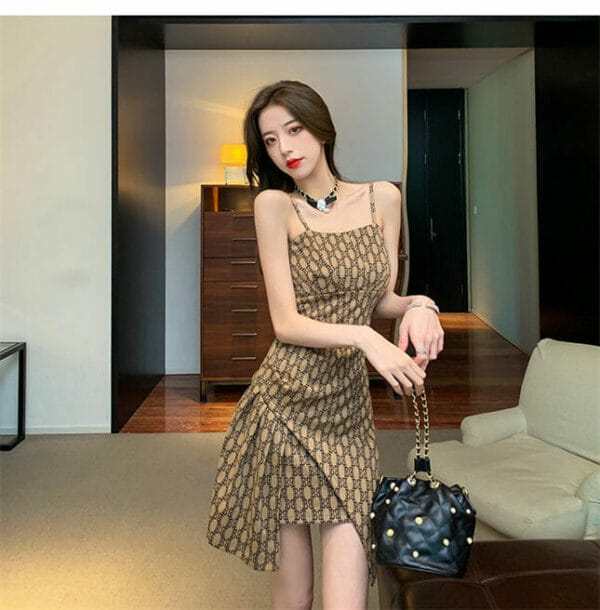 Fashion Korea Letters Pleated Flouncing Straps A-line Dress 4