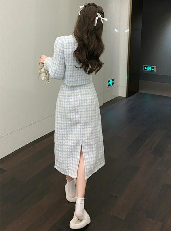 Fashion Korea Plaids Tweed Jacket with High Waist Long Skirt 5