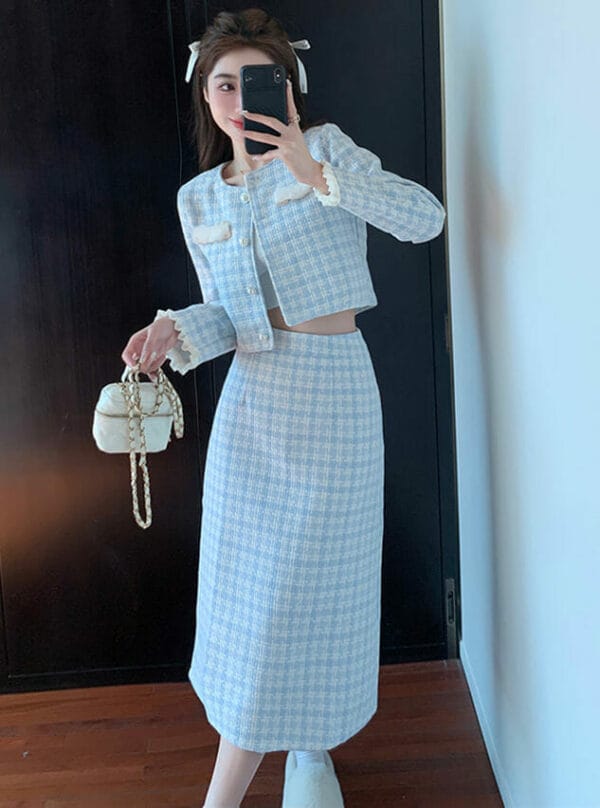 Fashion Korea Plaids Tweed Jacket with High Waist Long Skirt 4