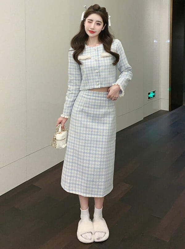 Fashion Korea Plaids Tweed Jacket with High Waist Long Skirt 3