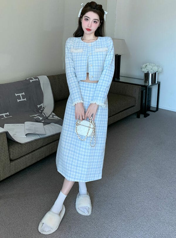 Fashion Korea Plaids Tweed Jacket with High Waist Long Skirt 2