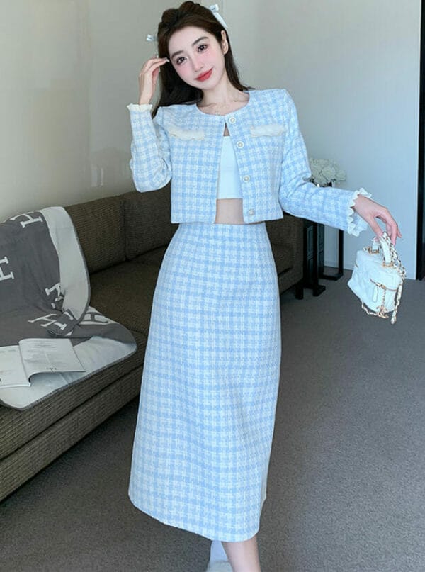 Fashion Korea Plaids Tweed Jacket with High Waist Long Skirt 1