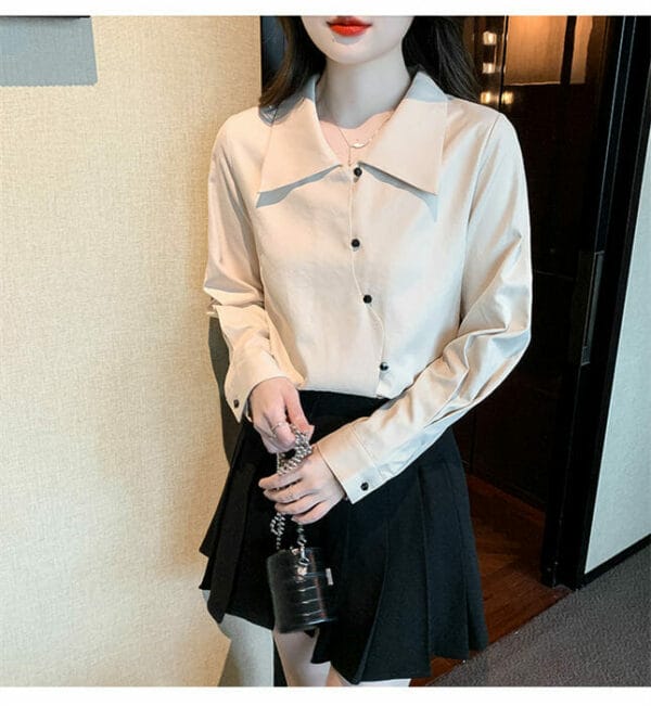 Fashion Korea Shirt Collar Sloping Buttons Long Sleeve Blouse 5