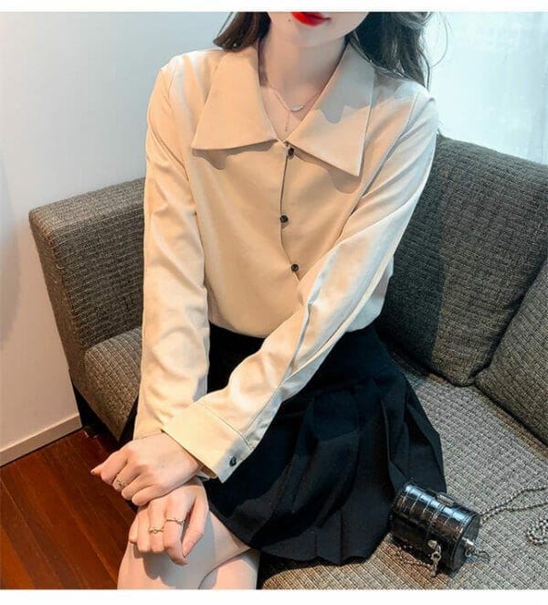 Fashion Korea Shirt Collar Sloping Buttons Long Sleeve Blouse 2