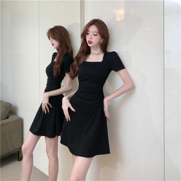 Fashion Korea Square Collar Pleated Waist A-line Dress 2