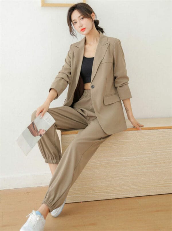 Fashion Korea Tailored Collar Elastic Waist Long Suits 5