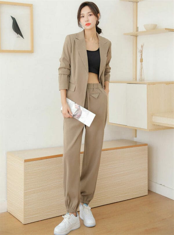 Fashion Korea Tailored Collar Elastic Waist Long Suits 3