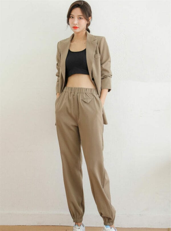 Fashion Korea Tailored Collar Elastic Waist Long Suits 2