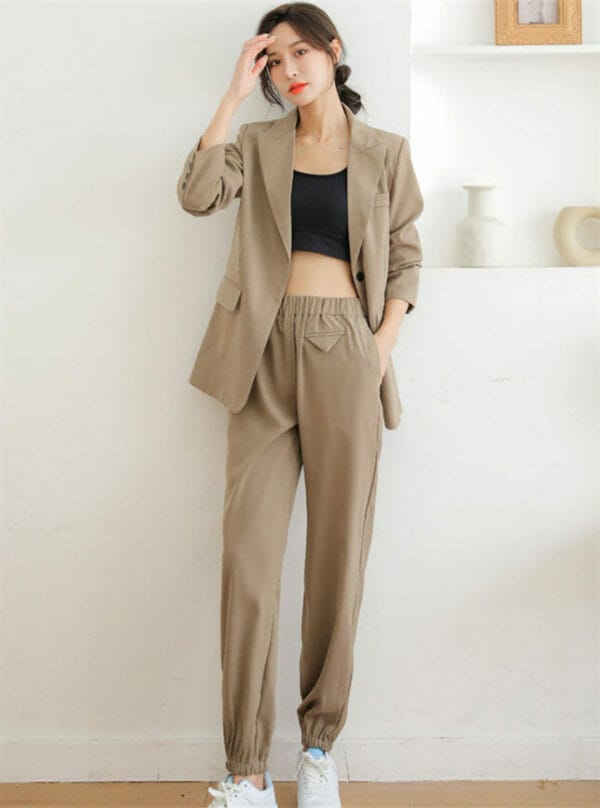 Fashion Korea Tailored Collar Elastic Waist Long Suits 1