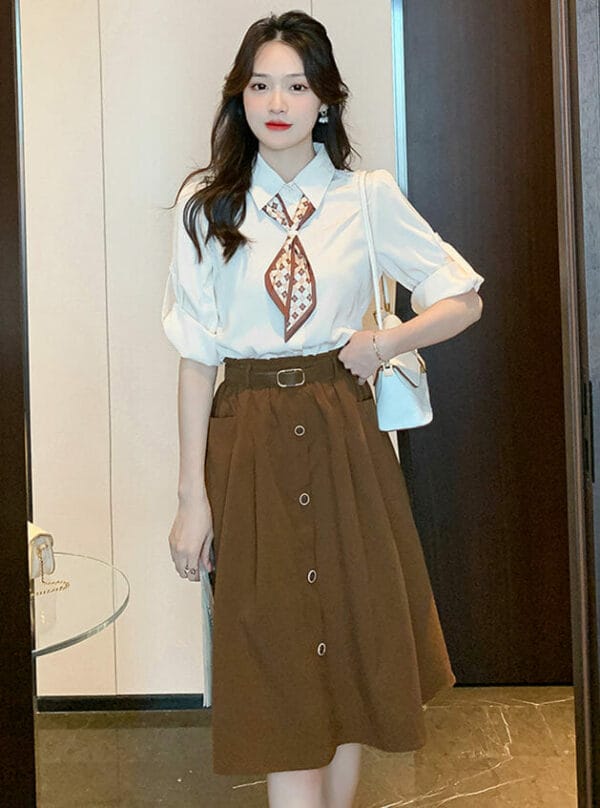 Fashion Korea Tie Collar Blouse with Single-breasted A-line Skirt 5