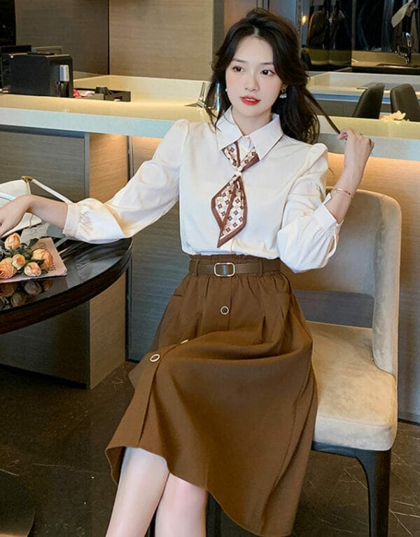 Fashion Korea Tie Collar Blouse with Single-breasted A-line Skirt 4