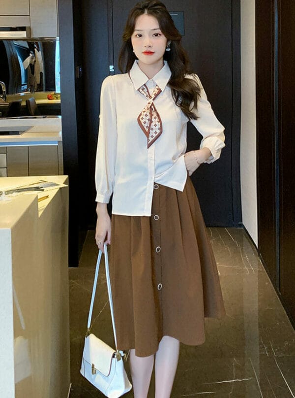 Fashion Korea Tie Collar Blouse with Single-breasted A-line Skirt 2