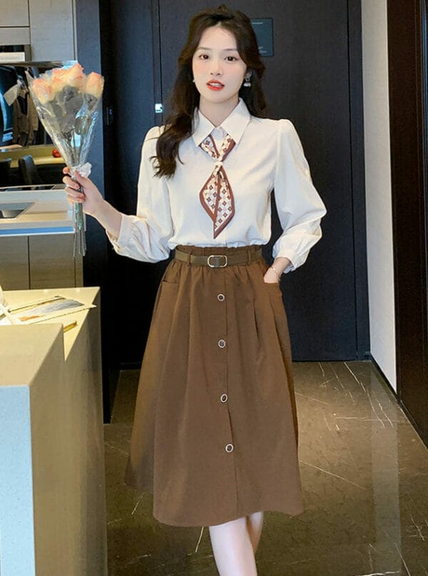 Fashion Korea Tie Collar Blouse with Single-breasted A-line Skirt 1