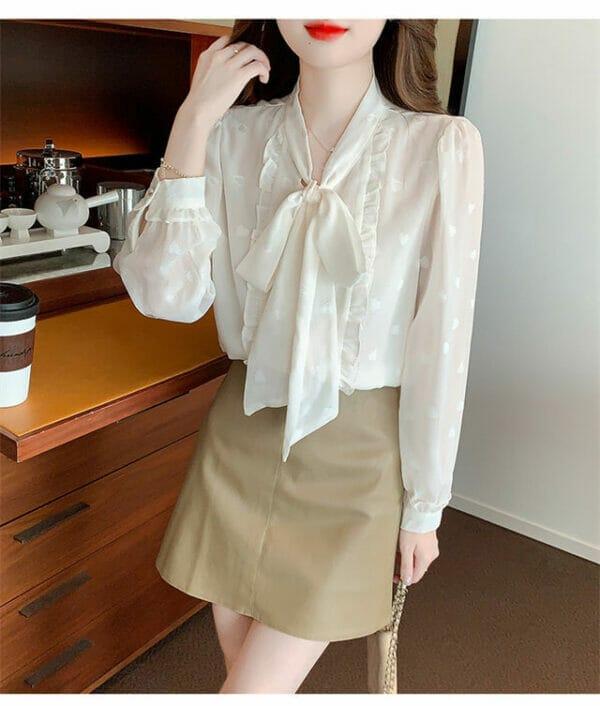 Fashion Korea Tie Collar Hearts Puff Sleeve Chiffon Blouse 2