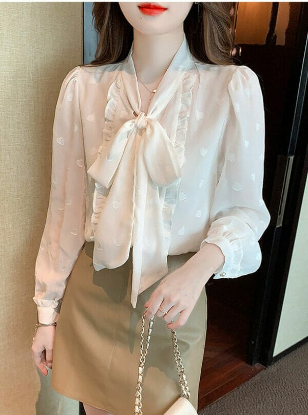 Fashion Korea Tie Collar Hearts Puff Sleeve Chiffon Blouse 1