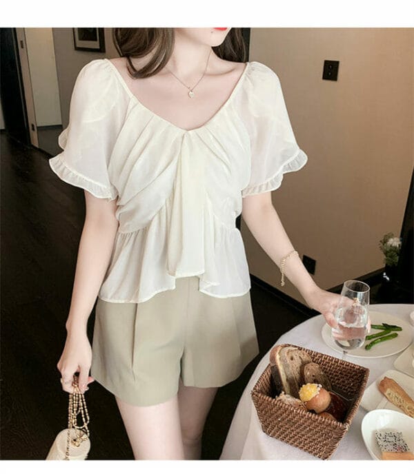 Fashion Korea V-neck Pleated Flouncing Chiffon Blouse 2