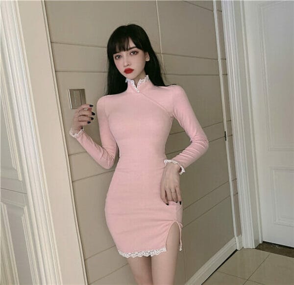 Fashion Lady 2 Colors Lace Stand Collar Skinny Dress 4