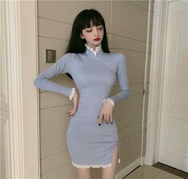 Fashion Lady 2 Colors Lace Stand Collar Skinny Dress 3