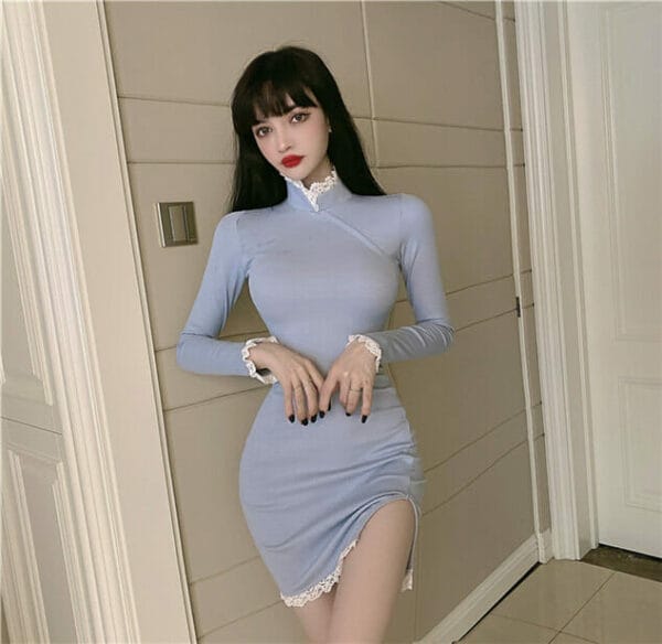 Fashion Lady 2 Colors Lace Stand Collar Skinny Dress 2
