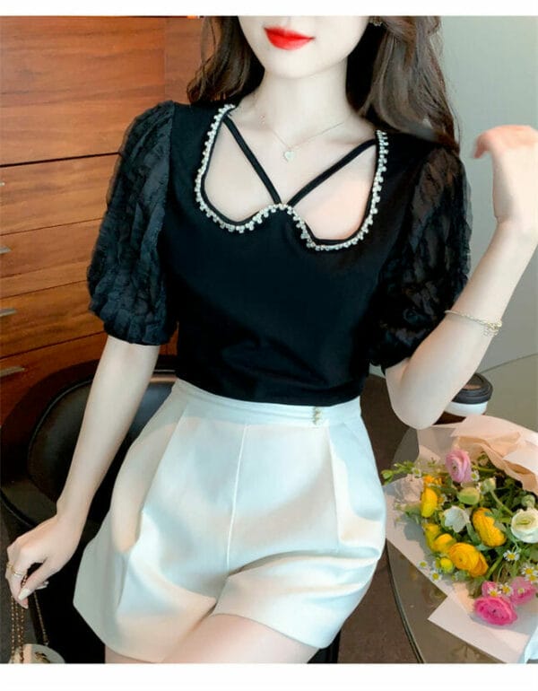 Fashion Lady 2 Colors Rhinestones Collar Puff Sleeve Blouse 6