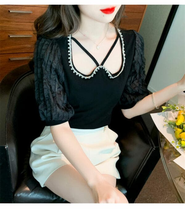 Fashion Lady 2 Colors Rhinestones Collar Puff Sleeve Blouse 5