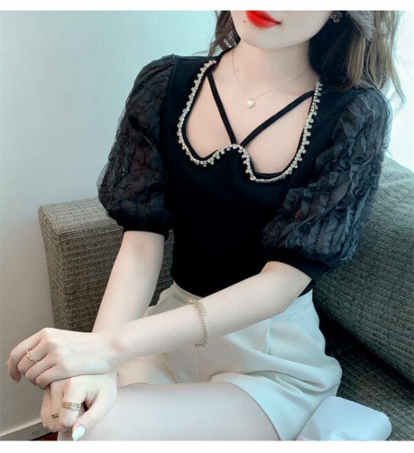 Fashion Lady 2 Colors Rhinestones Collar Puff Sleeve Blouse 4