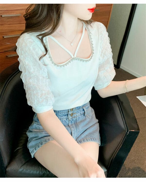 Fashion Lady 2 Colors Rhinestones Collar Puff Sleeve Blouse 2