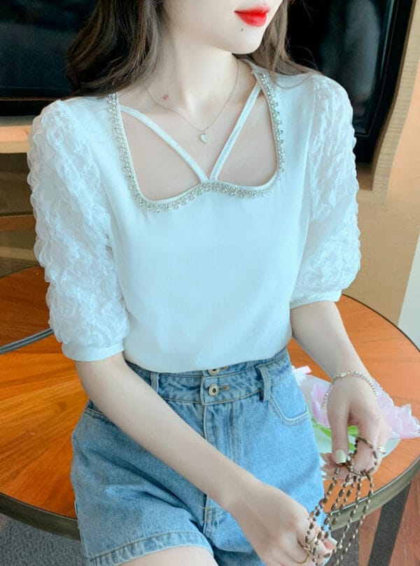 Fashion Lady 2 Colors Rhinestones Collar Puff Sleeve Blouse 1