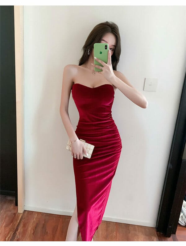 Fashion Lady 2 Colors Split Strapless Velvet Long Dress 4