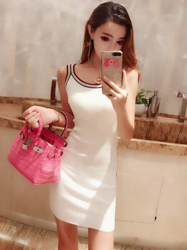 Fashion Lady 2 Colors Stripes Round Neck Knit Straps Dress 1