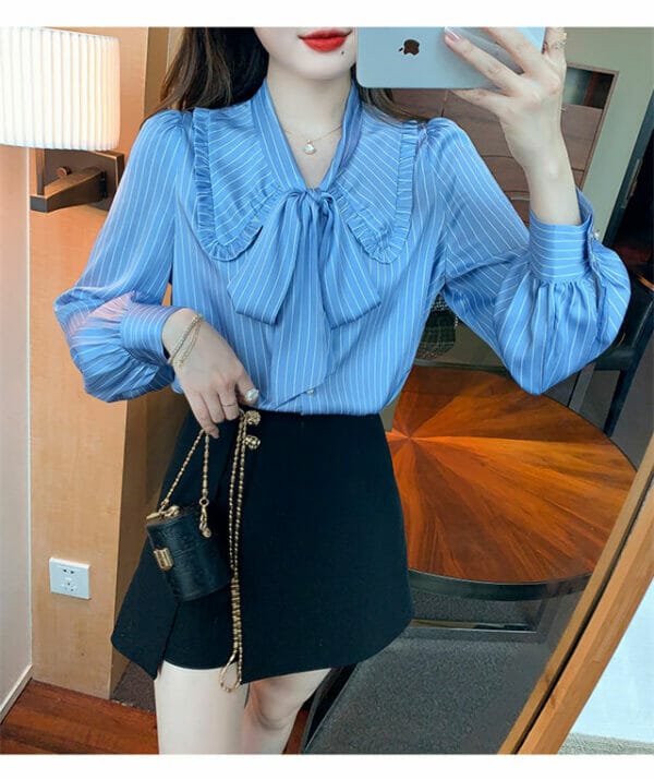 Fashion Lady 2 Colors Tie Collar Stripes Puff Sleeve Blouse 5