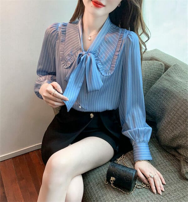 Fashion Lady 2 Colors Tie Collar Stripes Puff Sleeve Blouse 4