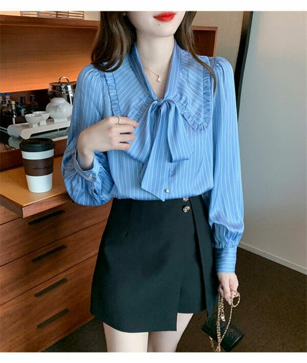 Fashion Lady 2 Colors Tie Collar Stripes Puff Sleeve Blouse 2