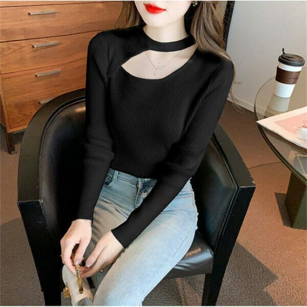 Fashion Lady 3 Colors Hollow Out Round Neck Knit T-shirt 4