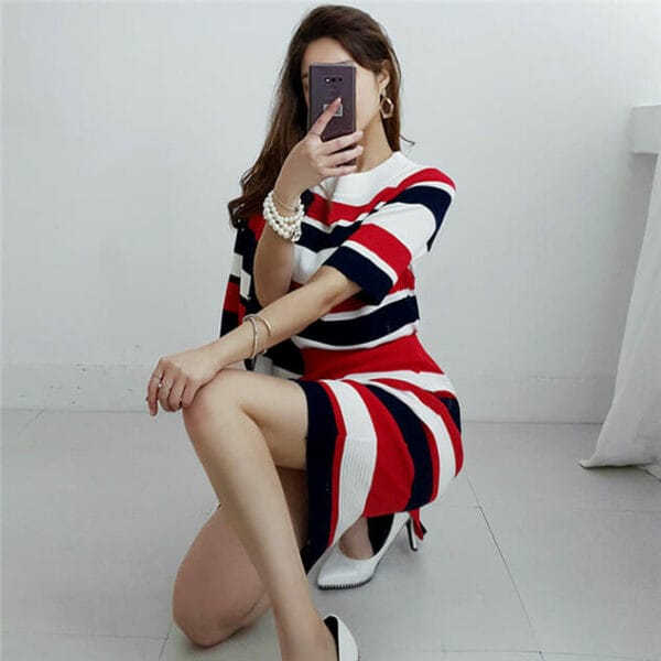 Fashion Lady Color Block Stripes Knitting Three Pieces Dress 4