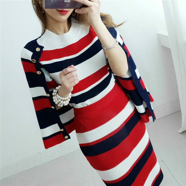 Fashion Lady Color Block Stripes Knitting Three Pieces Dress 2