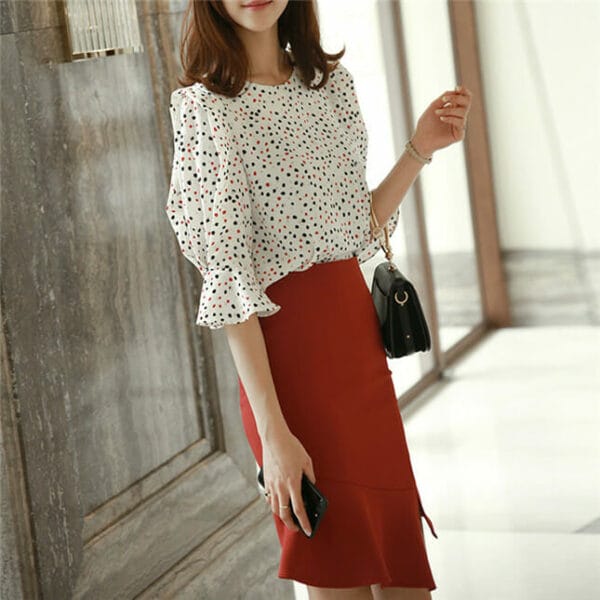 Fashion Lady Dots Loosen Blouse with Fishtail Midi Skirt 4