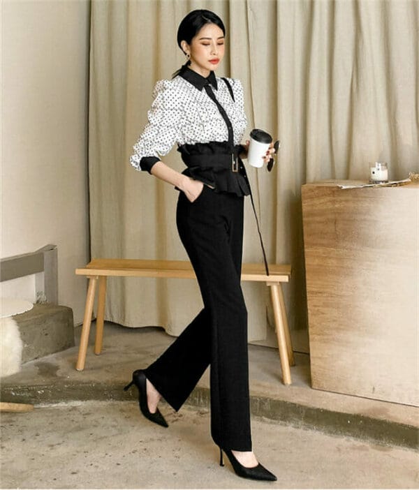 Fashion Lady Dots Loosen Blouse with High Waist Long Pants 5