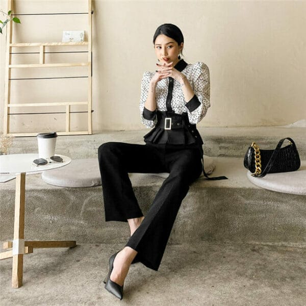 Fashion Lady Dots Loosen Blouse with High Waist Long Pants 4